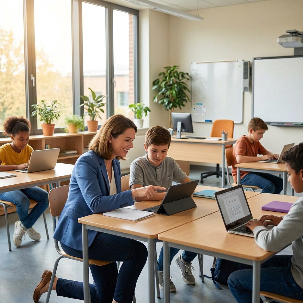 Teacher facilitating digital learning in classroom